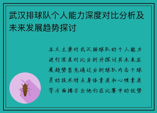 武汉排球队个人能力深度对比分析及未来发展趋势探讨