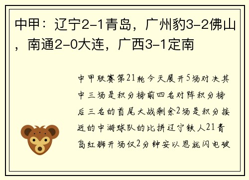 中甲：辽宁2-1青岛，广州豹3-2佛山，南通2-0大连，广西3-1定南